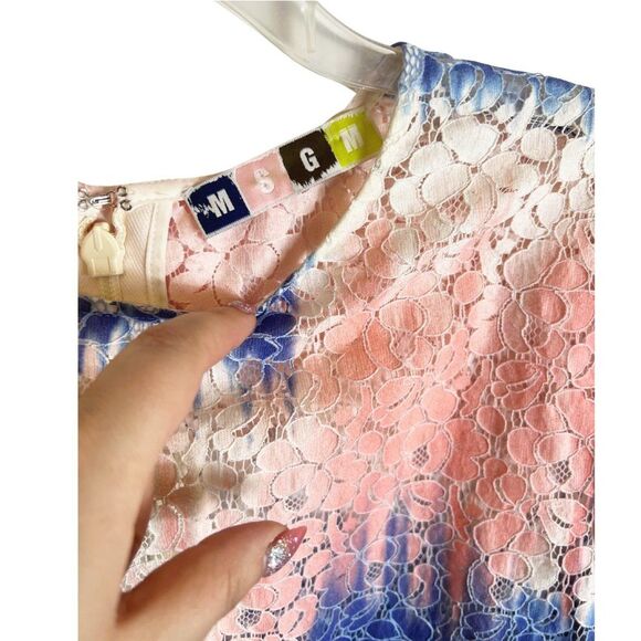 MSGM Floral Lace Blue, Pink & Off-White Tie Dye Short Sleeve Boxy Tee Size L - Picture 3 of 8